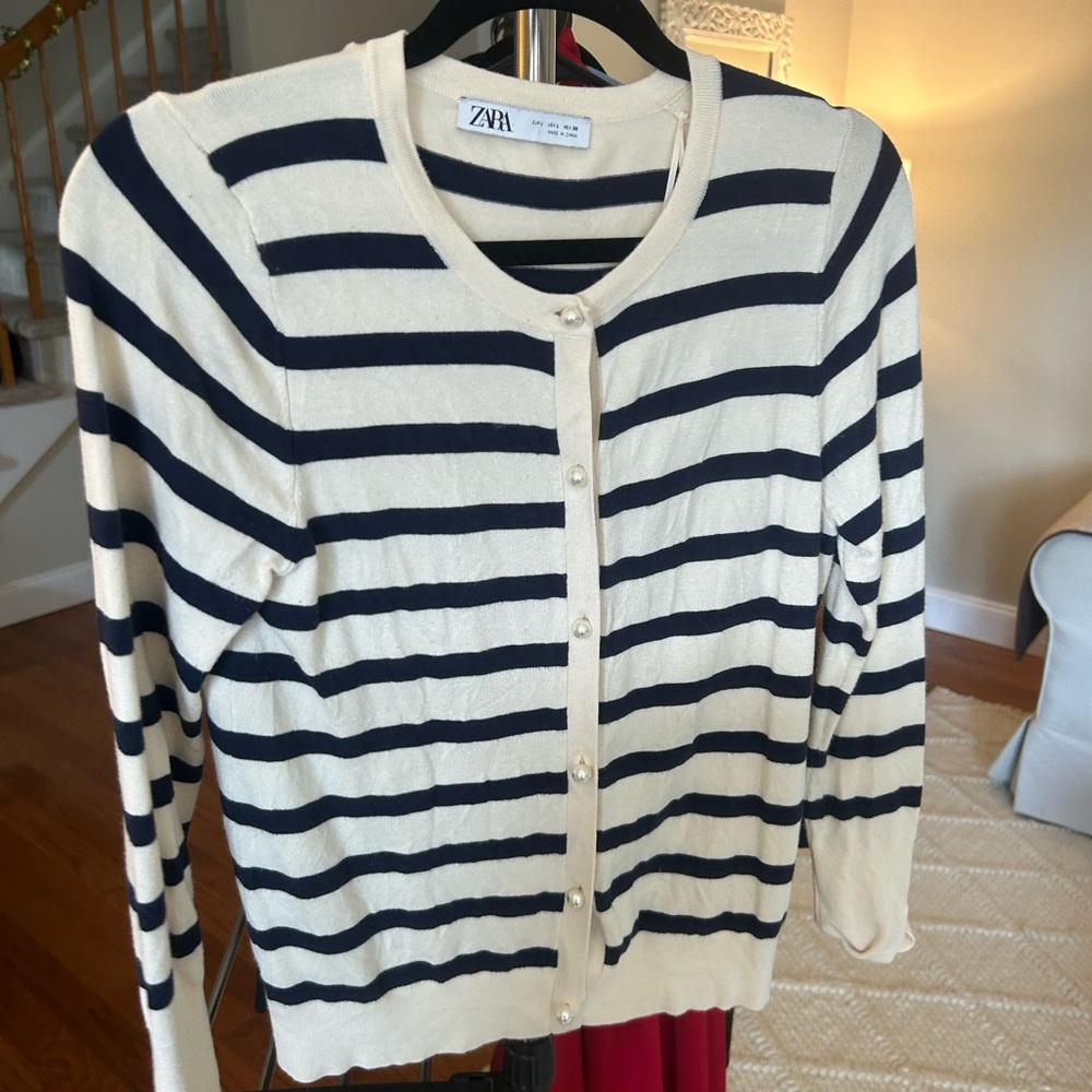 Zara Women's Cream and Navy Striped Sweater with Pearl Buttons